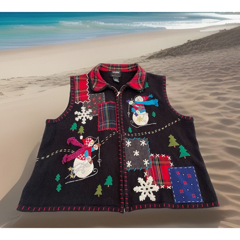 Designer Originals Studio Joy Sweater Vest Zip Black Christmas Snowman Ladies XL